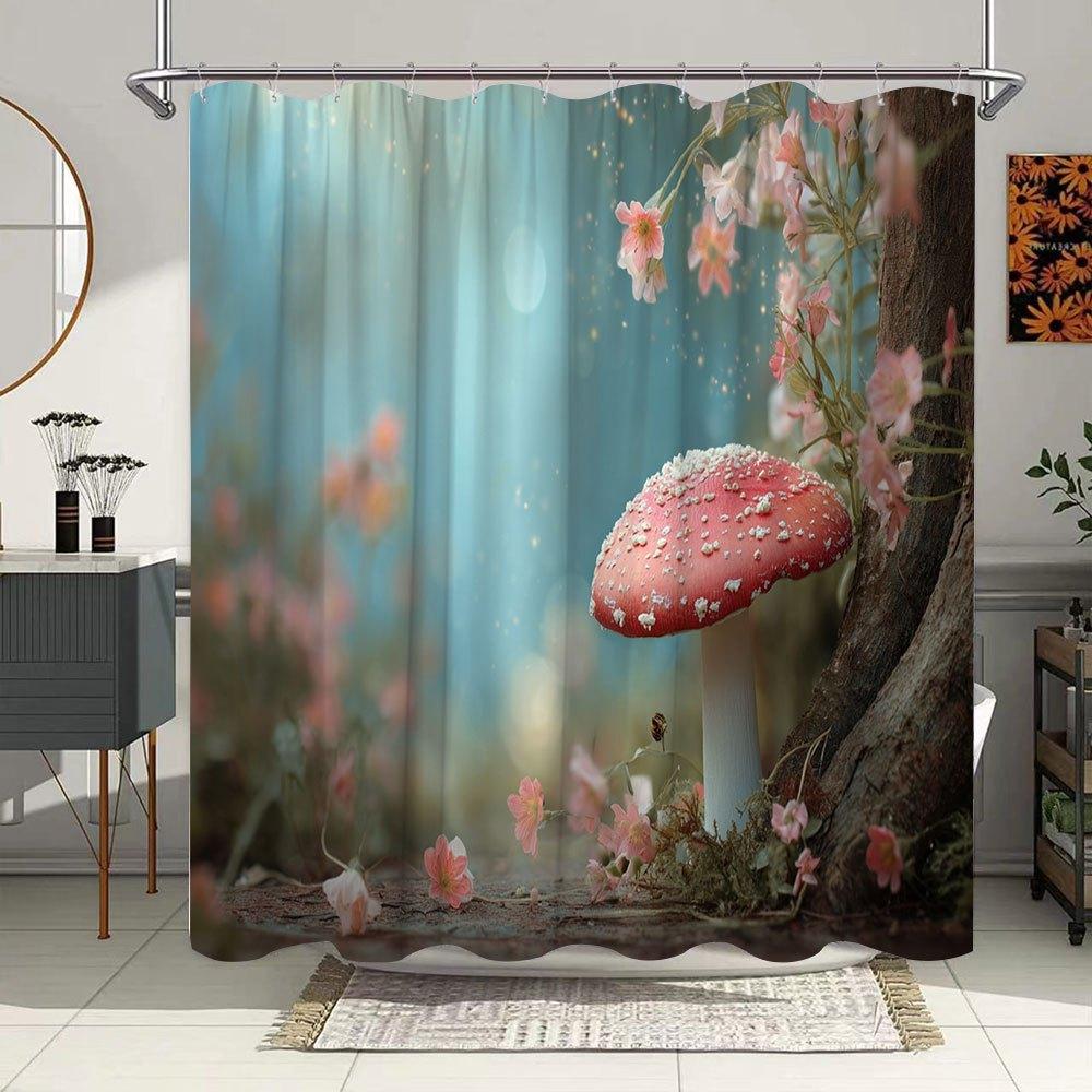 1pc Fantasy Mushroom Bath Curtain - Enchanted Fairy Tale Glow, Red Cap & White Spots Mushroom with Ethereal Forest, Pink Flowers