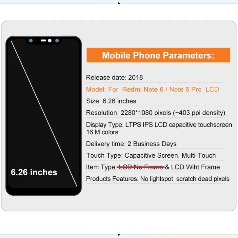 For Redmi Note 6/Note 6 Pro LCD Display with Frame Touch Screen Glass Panel Assembly