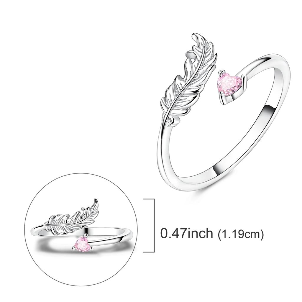 925 Silver Ring For Lady Feather Pink Heart Adjustable Open Ring Weddings Gifts Jewelry
