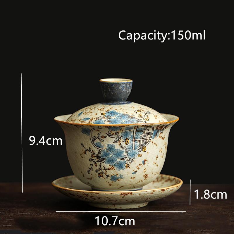Chinese Retro Handmade Ceramic Gaiwan Hand-painted Flowers Pattern Teacup Household Travel Tea Bowl Portable Teaware Accessories