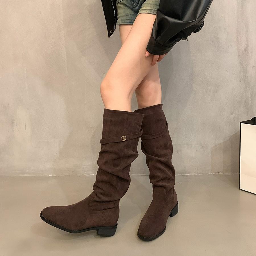 French thick heel apricot suede piled boots women's shoes 2025 new spring and autumn winter versatile thin long boots