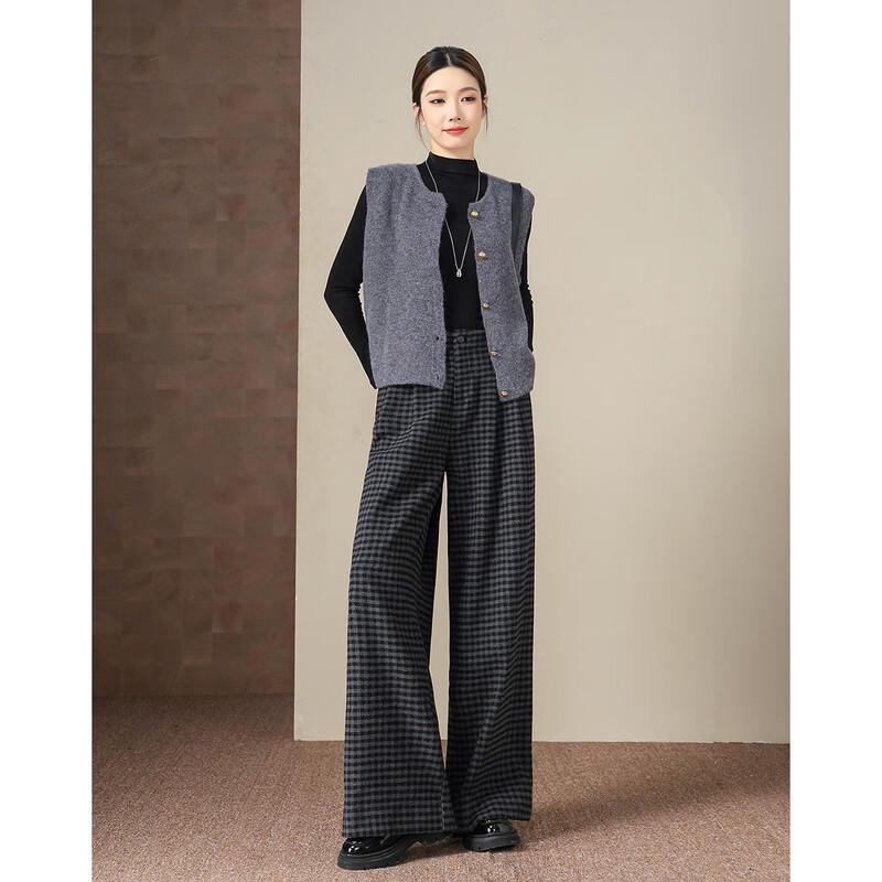 Demana Women's Warm High-Waist Pleated Plaid Wide-Leg Trousers