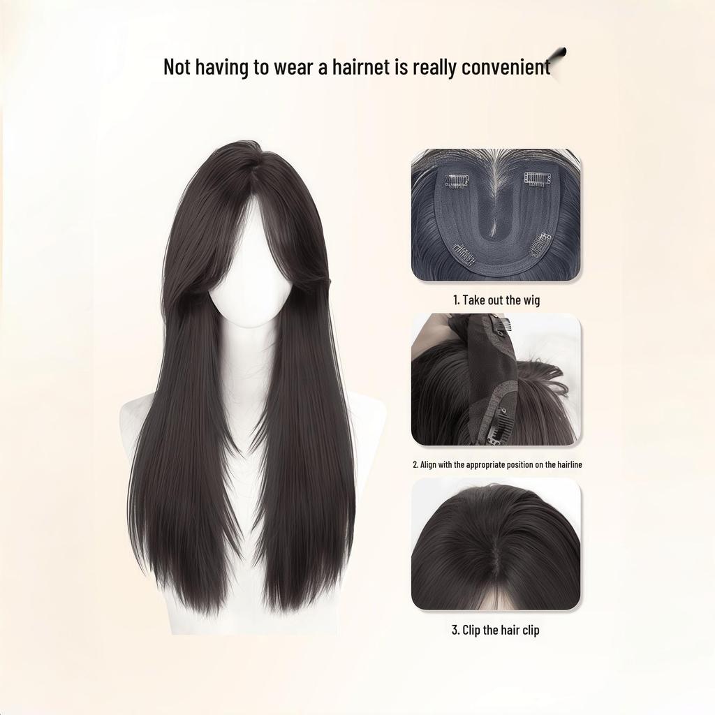 Natural Black Long Straight Hand-Woven Lace Wig Cap - Realistic Invisible Hairpiece for Daily Wear