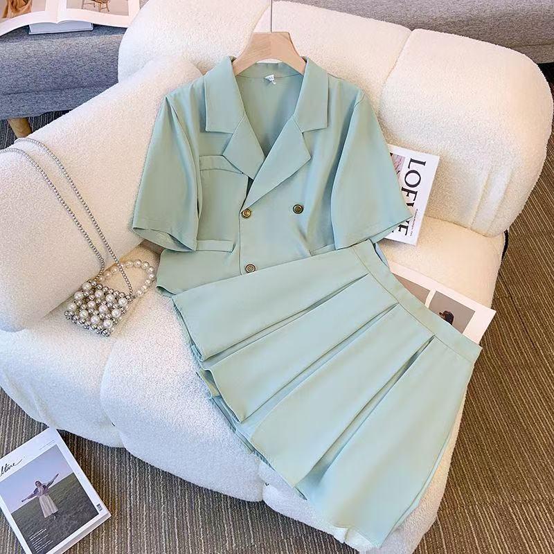 

Летний женский костюм-юбка большого размера в корейском стиле - Необычный топ и плиссированная юбка, двойка XXL