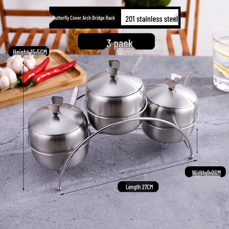 Gold Korean-Style Seasoning Jars, 201 Stainless Steel with Glass Lids On Tray, for Restaurant Use.