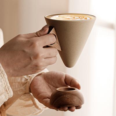 Ceramic Coffee Mug with Wooden Handle Unique Cone Shape Cup for Home Office Cafe Handmade Stoneware Cup for Tea Latte Juice