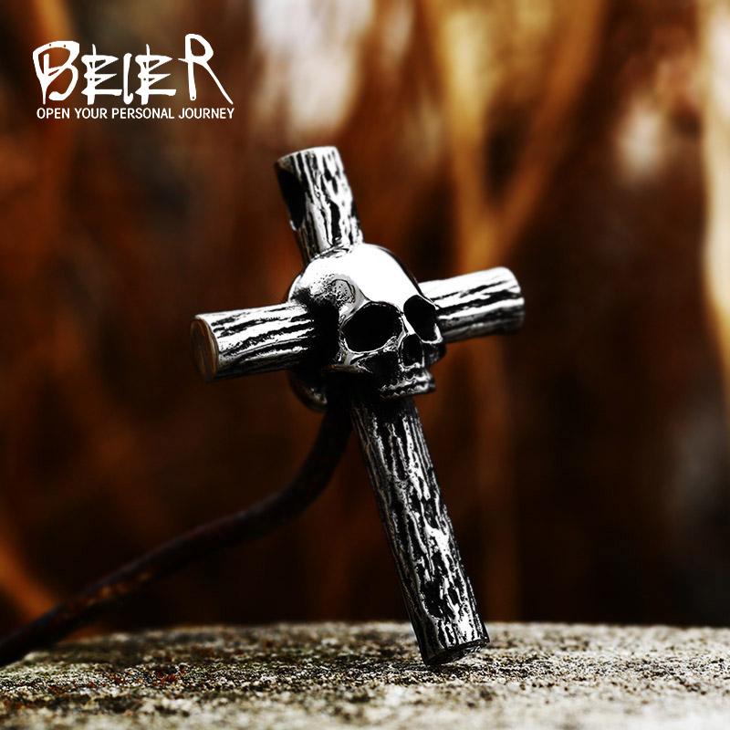 BEIER 2023 New Arrival Skull Cross Necklace Punk Men's Pendant Hip Hop Biker Stainless Steel Steampunk  Jewelry Wholesale