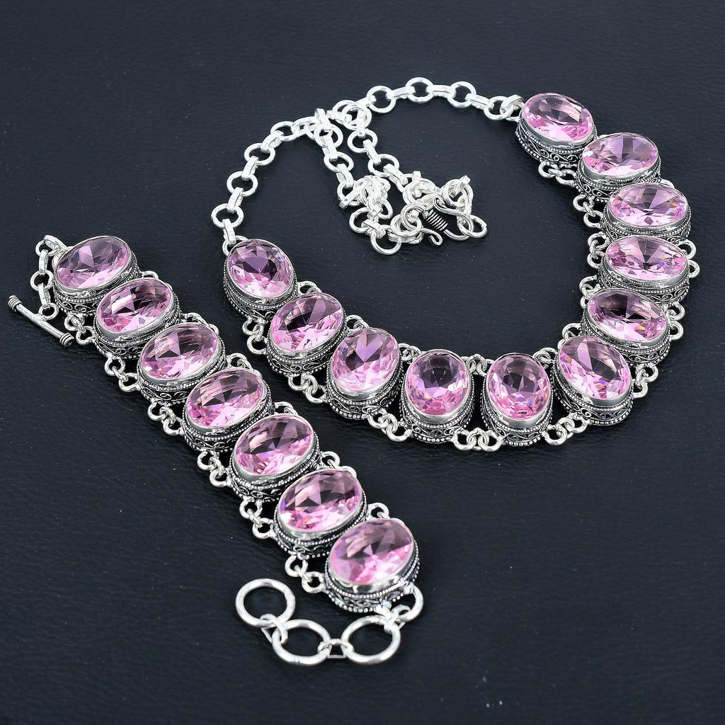 Dainty Pink Kunzite Gemstone Handmade 925 Sterling Silver Jewelry Pink Kunzite Neclace Bracelet Set, Antique Jewelry Set, Bracelet Party Wear Gift