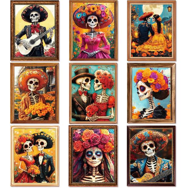 Day of The Dead Poster - 9 Piece Mexican Day of the Dead Decorations Sugar Skull Wall Art Dia De Los Muertos Party Decoration Skeleton Halloween Wall