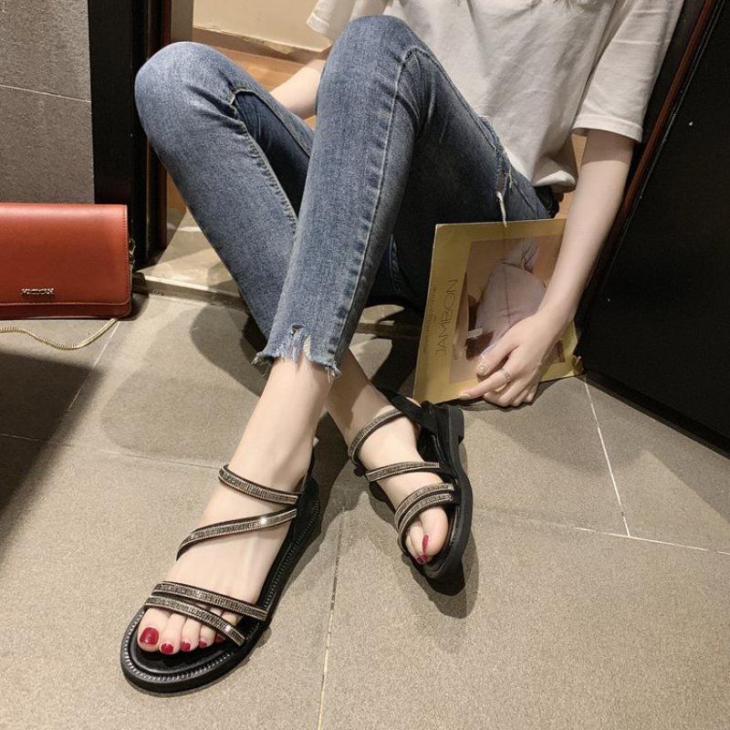 Fashion Woman Shoes Roman Style No Heel Rhinestones Outdoor Sandals for Women Asian Size On Sale Luxury 2025 Offer Vintage Summer Casual