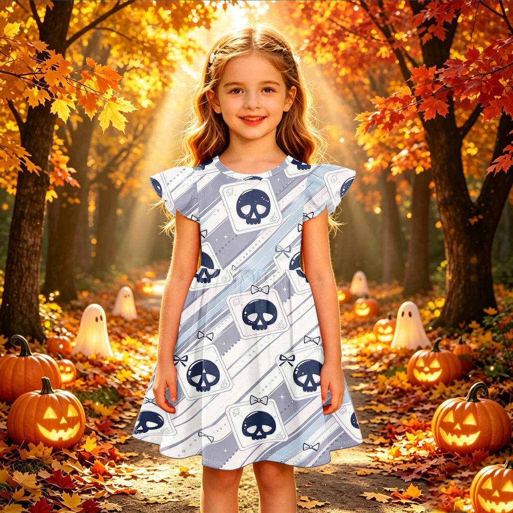 Kids Halloween Printed Dress with Sleeve Casual Party Dress for Girls