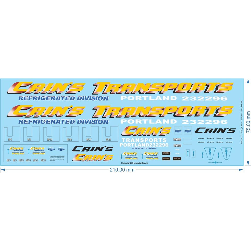 CAIN'S TRANSPORT - Model Truck Decals - 1/24 1/50 1/64 1/87 - Water Decal - Waterslide, 1/50 - Waterslide, 1/24