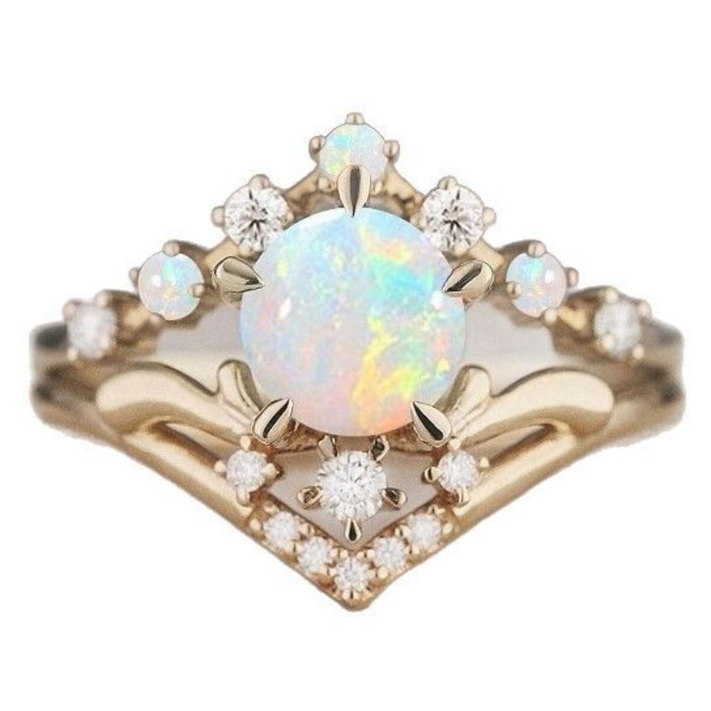 Luxury Light Luxury S925 Silver-plated White Opal Edge White Diamond Ring for Women, Retro Fashion Crown Jewelry