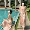 Spring and summer romantic atmosphere splicing printing elastic mesh yarn suspender dress women's trendy new holiday style