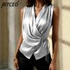Women's Fashion Casual Solid Color Print Sleeveless V-Neck  Blouses & Shirts