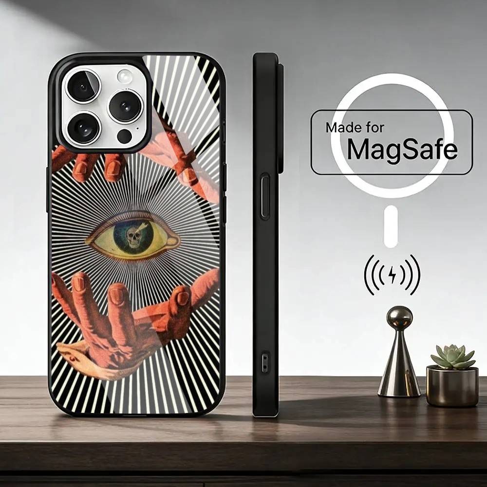 Big Eyes Trendy Print Lines Phone Case For iPhone17,16,15,14,13,12,11 Plus,Pro Magnetic For Magsafe Wireless Charging
