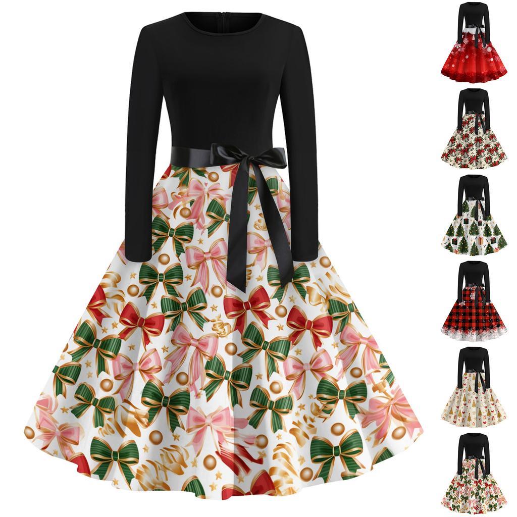 Women's Vintage Christmas Print Long Sleeve Round Neck Party Dress for Holiday Parties
