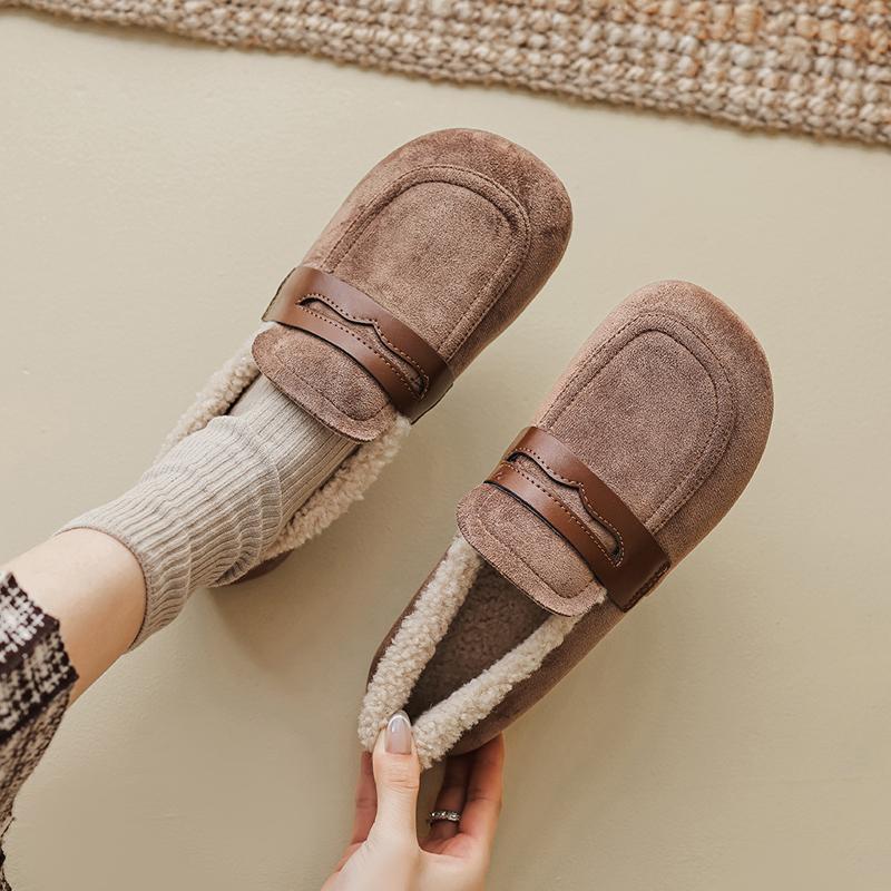 Casual Lambswool Flats Women Flock Upper Shoes Winter Wide Square Toe Loafers Fur Mocasines Mujer Cotton Lined Sheep Furry Boots
