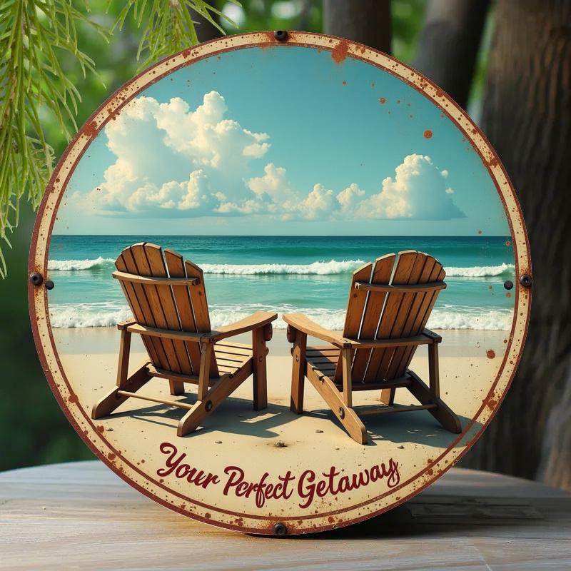 2d Flat 20*20cm, Circular Wooden Sign, A Symbol of Leisurely Time By The Seaside, A Unique, Durable, and Easy To Hang Wooden Decoration, Suitable