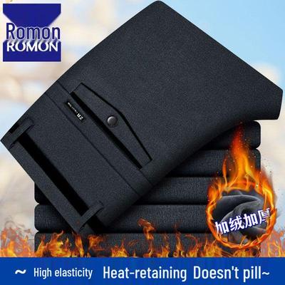 Romon Men's Fleece-lined Straight-leg Casual Pants - High Elastic, Iron-free, Thickened for Autumn/Winter.