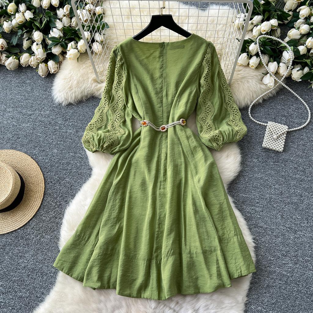 Spring Summer Women V-neck Lantern Sleeve Embroidery Lace Patchwork Chic Dresses With Belt