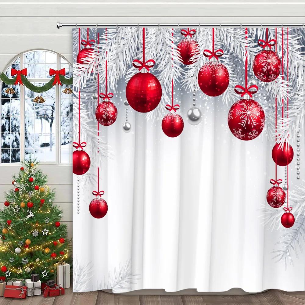Perdea de duș cu glob de Crăciun, Brad de Crăciun, Cadou, Iarnă, Fulg de zăpadă, Desene animate, Familie, Material poliester, Decor baie, Perdele