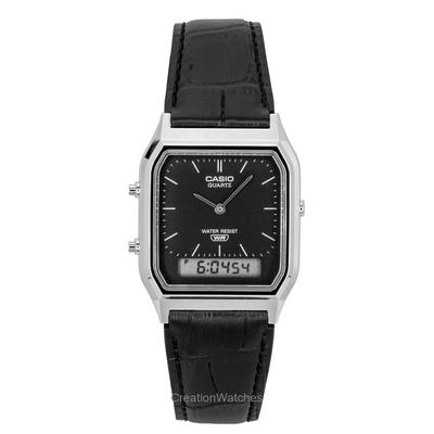 Reloj Unisex Vintage Analógico Digital Correa de Cuero Esfera Negra Cuarzo AQ-230EL-1A