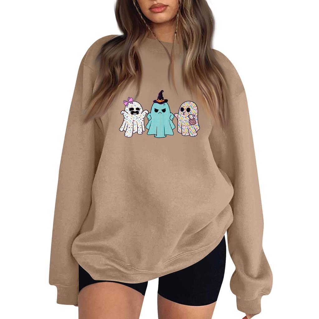 Women's Neck Long Sleeve Comfy Sweatshirt Casual Loose Fit Color Halloween Print Pullover