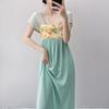 Hanfu nightdress women's summer square neck short-sleeved skirt solid color lace-up national style cotton and silk loungewear mint green cotton silk 