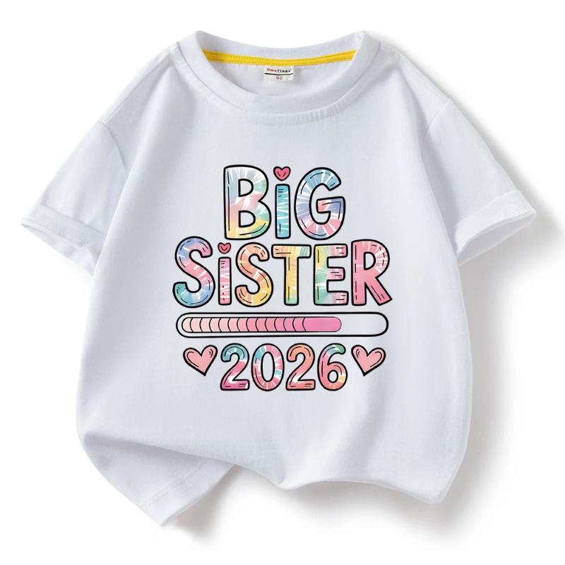 Neues Modell Kinder Baumwolle Kurzarm T-Shirt Großschwester Muster Mädchen T-Shirts Mädchen Oberteile Kurzarm