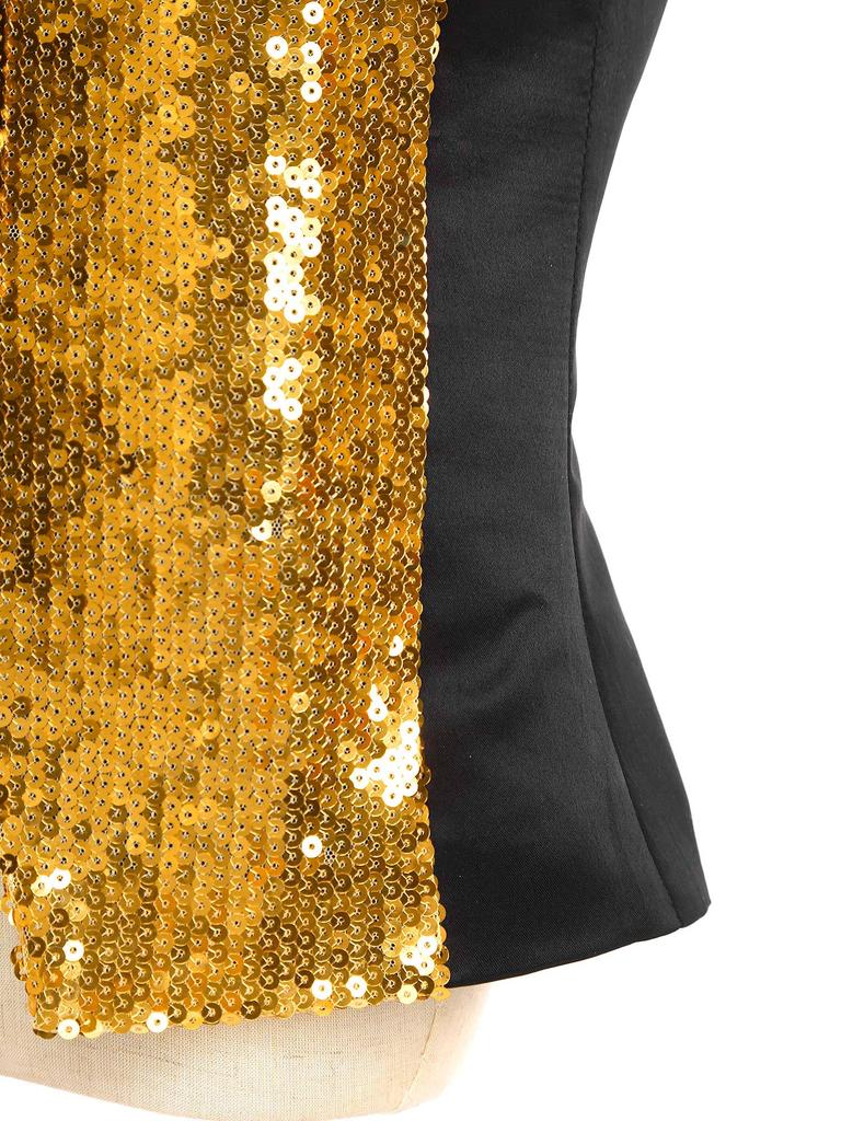 Třpytivá pódiová vesta pro dívky: Saténová vesta s kontrastními barvami, klopovým výstřihem a patentkami, Nezbytnost pro taneční kostým