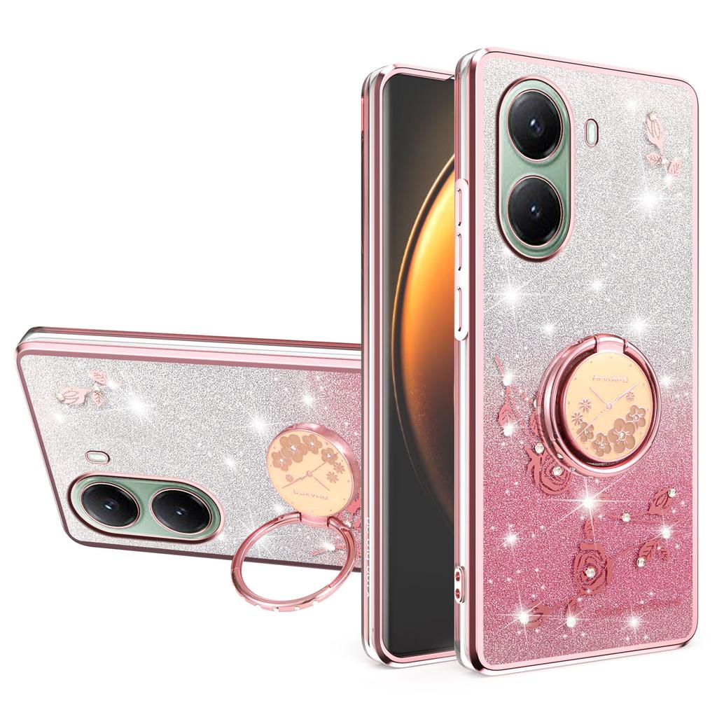 For Xiaomi Poco X7 Pro 5G/Redmi Turbo 4 5G Case Ring Kickstand TPU Flowers Phone Cover Gradient Glitter