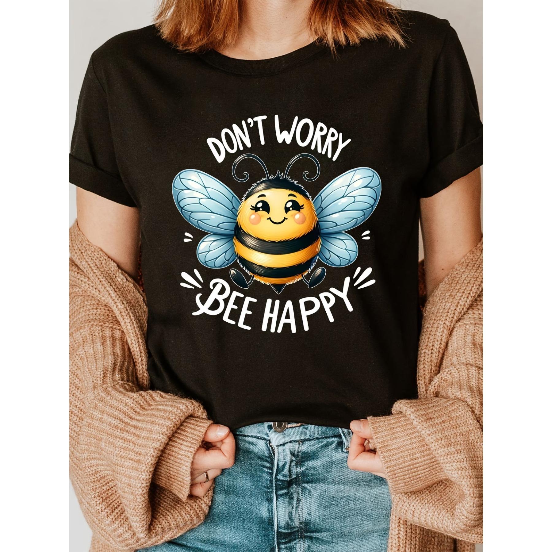 Женская смешная футболка с принтом пчелы  Не волнуйся, будь счастлив  - Милый мультяшный принт пчелы с улыбающимся лицом и дизайном шмеля S чёрный