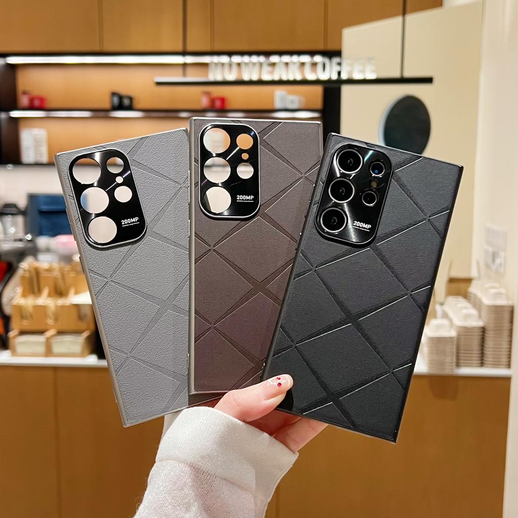 Suitable for Samsung S24ultra Diamond-patterned Leather Phone Case S23+ Shockproof S22 with Metal Lens Ring Protective Case