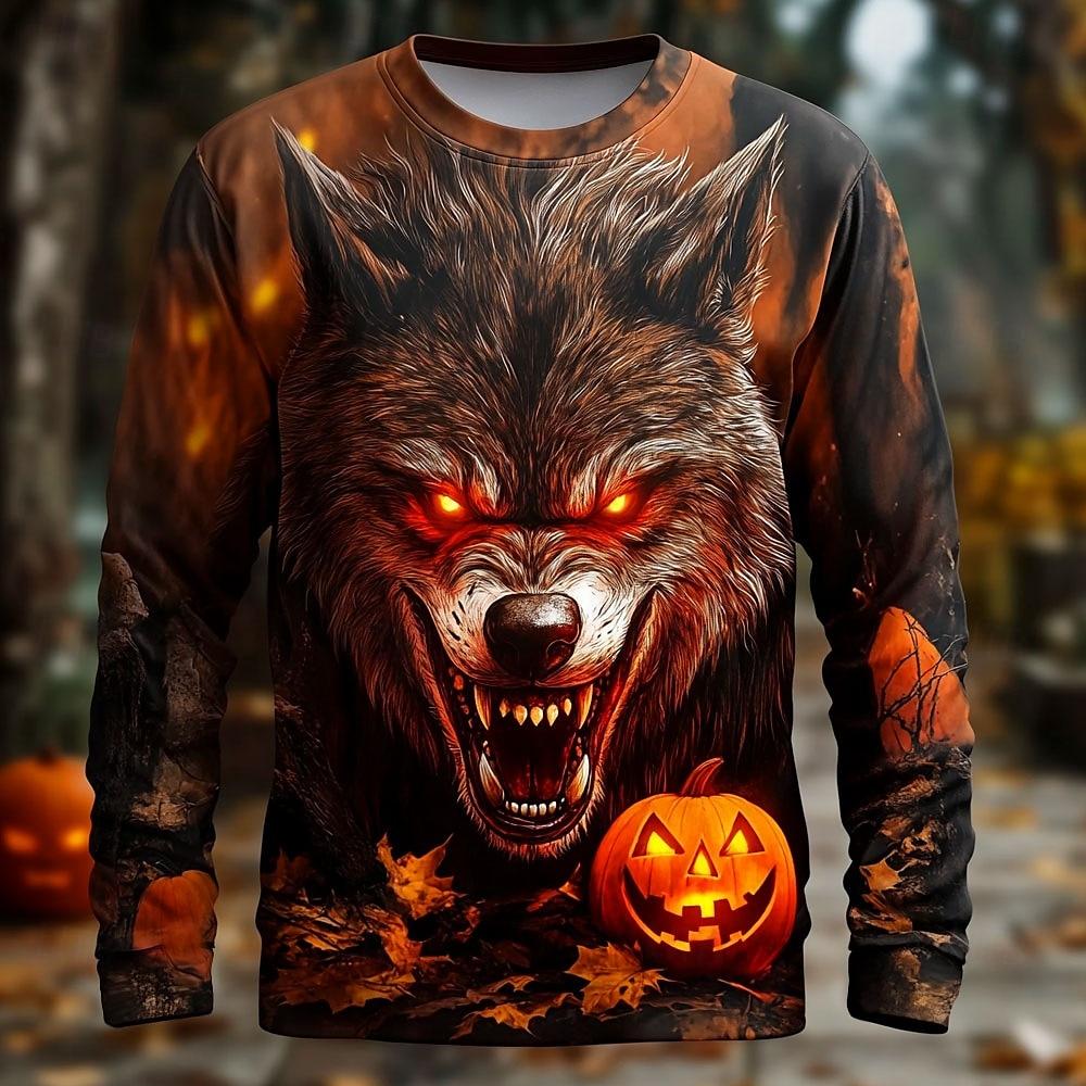 Funny 3D Wolf Pattern Men's T-shirts Hip Hop Trend Harajuku Streetwear Casual O-neck Long Sleeve Top Spring Autumn Loose Clothing