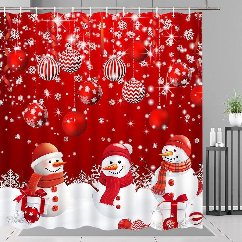 

Snowman Red Ornaments Christmas Shower Curtain with Hooks, Merry Holiday Bathroom Decor for Festive Winter Celebration 90x180cm35x71in