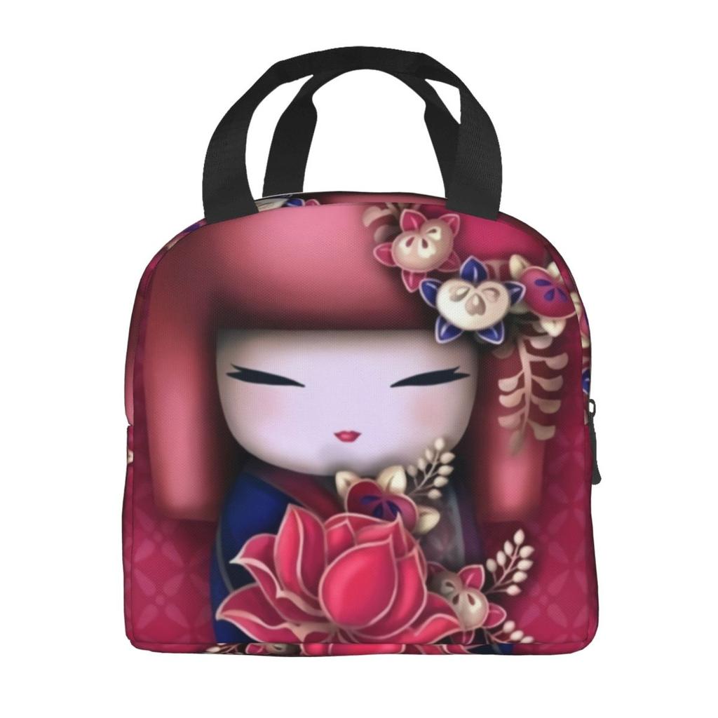 Custom Japanese Girl Sakura Kokeshi Doll Lunch Bag Men Women Warm Cooler Insulated Lunch Box for Kids School Children