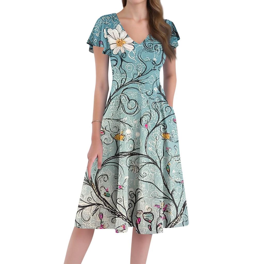Women's Loose Casual And Fashionable V-Neck Short Sleeved Print Mid Length Dress