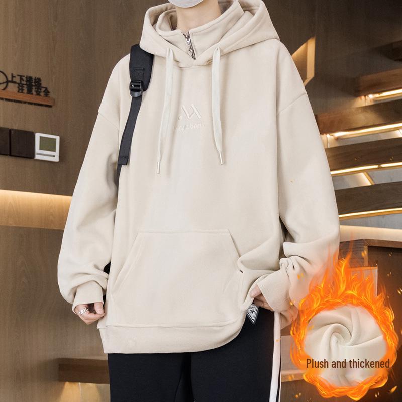 Men's 2025 Style Double-Sided Fleece Hoodie, Thickened Inner Layer, Solid Color, Trendy Winter Outerwear for Teens with Hood