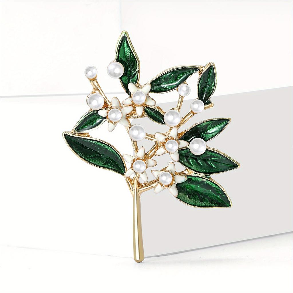 Vintage Enamel Green Leaf Pearl Flower Brooch - Elegant Unique Design, Unisex Luxury Jewelry, Perfect Holiday Gift
