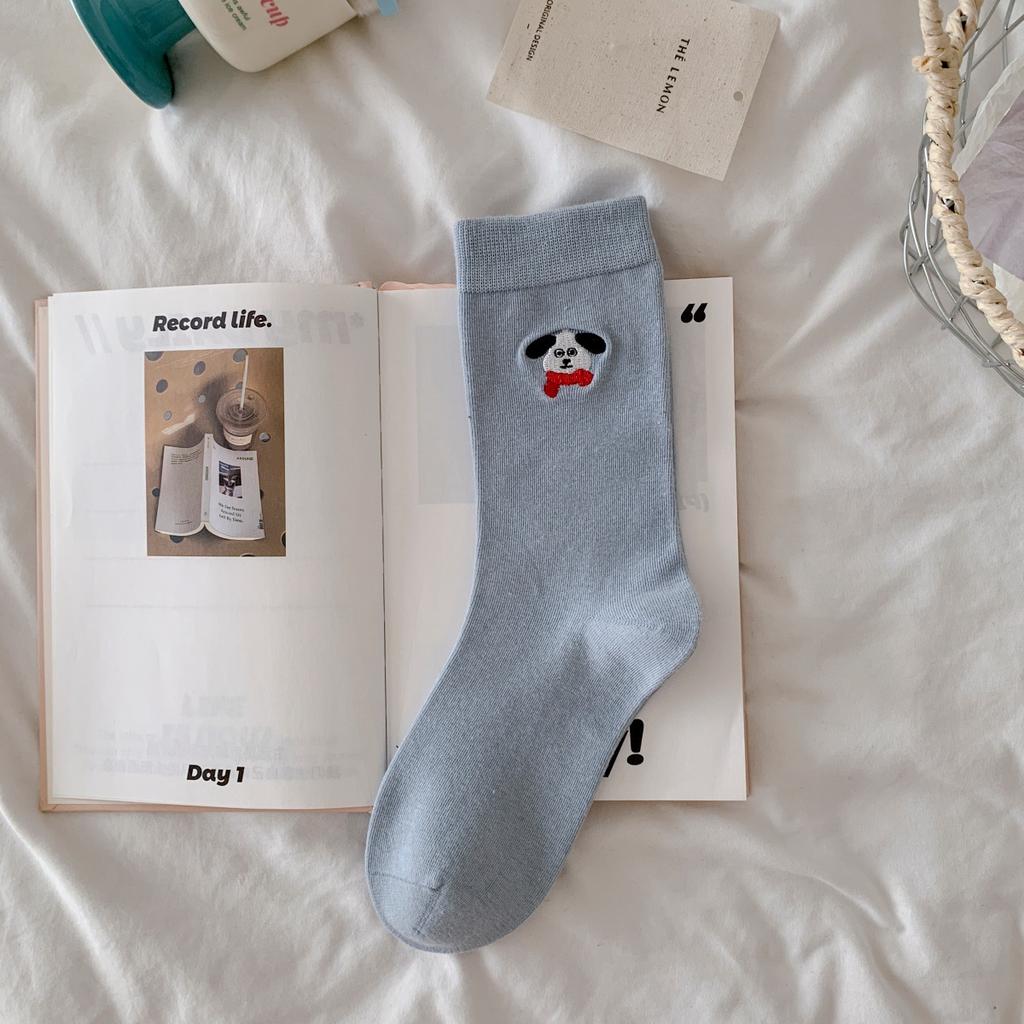 Puppy Embroidery Gray-Blue Socks Medium Tube Socks Versatile Cotton Socks Boneless Cartoon Cute Pile Socks