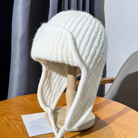 Women Knitting Hat Lace-up Solid Color Ear Protection Winter Elastic Hat Cold Weather Windproof Lei Feng Hat