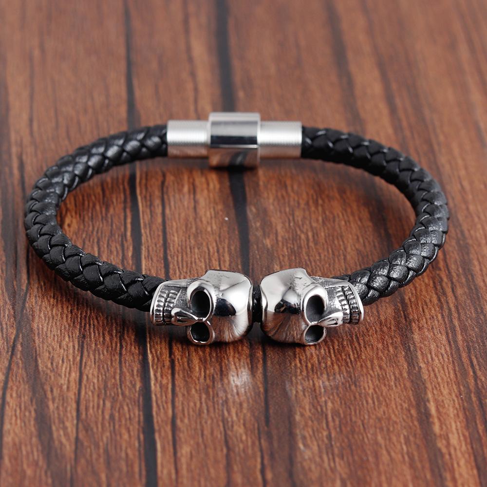 Hyperbole Men Jewelry Black Braided Leather Bracelets Men Stainless Steel Leahter Bracelets Cool Skull Bracelets Men Bracelet