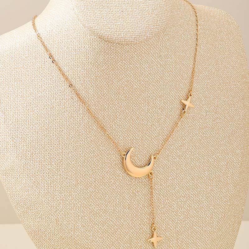 Fashion Gold Silver Color Star Moon Pendant Necklace For Women Simple Metal Long Tassel Cross Chain Necklace Jewelry