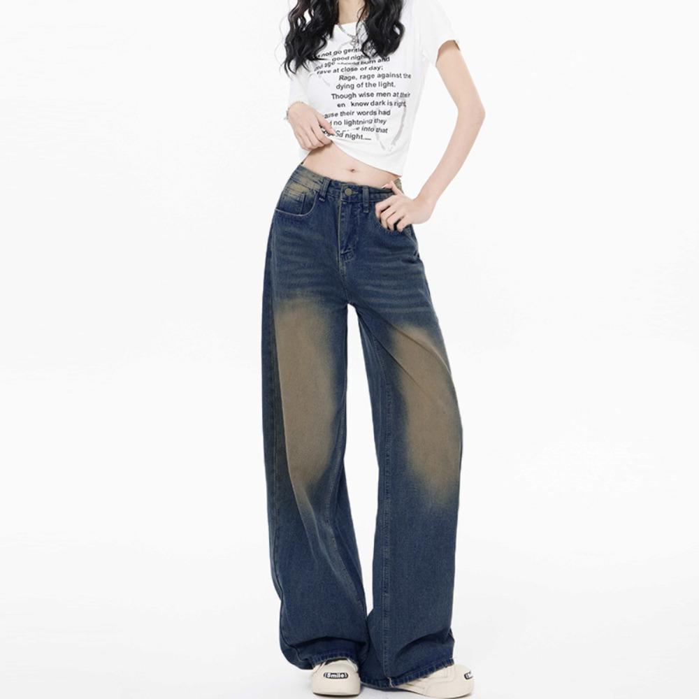 Personalized American washed wide-leg jeans women's spring and autumn new high-waisted loose straight mopping jeans