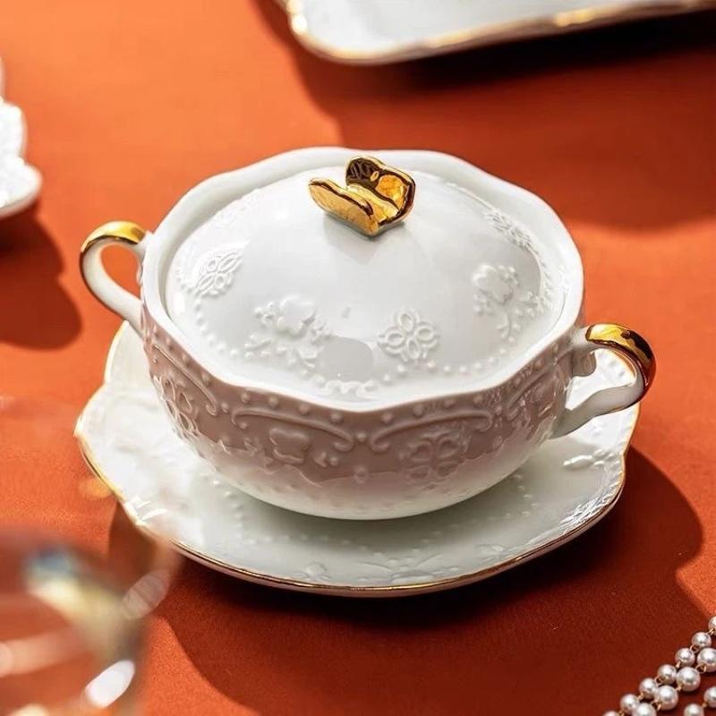 European Embossed Butterfly Ceramic Bowl with Lid & Double Handles, Breakfast, Dessert & Oatmeal Bowl
