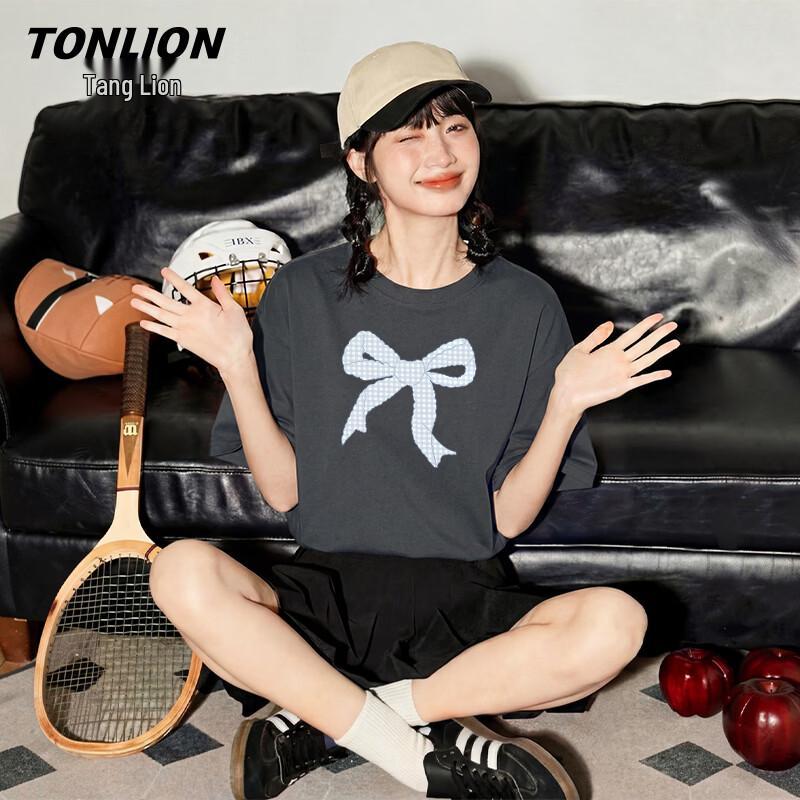 TonLion Women s Loose Fit Pure Cotton Bow T-Shirt M