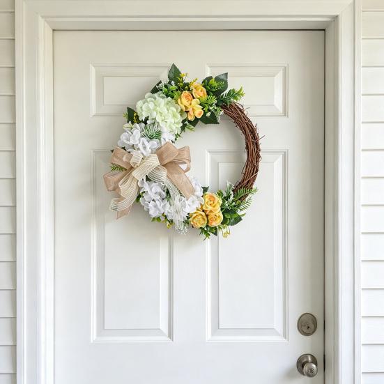 Spring Rattan Wreath Artificial Hydrangea Rose Wreath for Front Door Lifelike