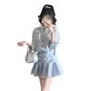 Blue shirt dress children's summer casual new popular college style wear waist pleated skirt