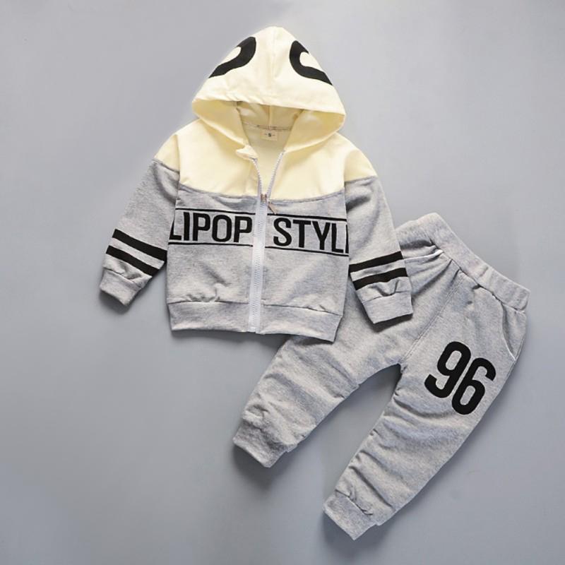 Gutter vår og høst trykt langermet hette topp + bukser 2 deler sett